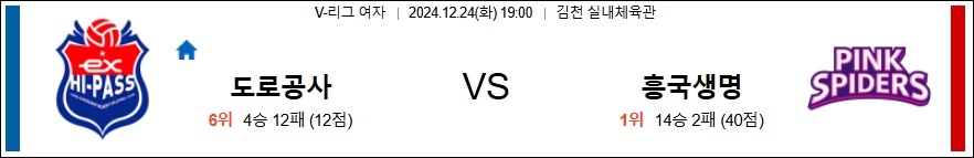 한국도로공사 흥국생명 【 V-리그(여) 】분석 스포츠중계 20241224