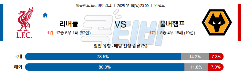 리버풀 울버햄튼 【 프리미어리그 】분석 스포츠중계 무료중계 콕티비 20250216