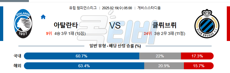 아탈란타 클루브 브뤼헤KV 【 UEFA챔피언스리그 】분석 스포츠중계 무료중계 콕티비 20250219