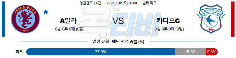 아스톤 빌라 카디프 시티 【 잉글랜드FA컵 】분석 스포츠중계 무료중계 콕티비 20250301